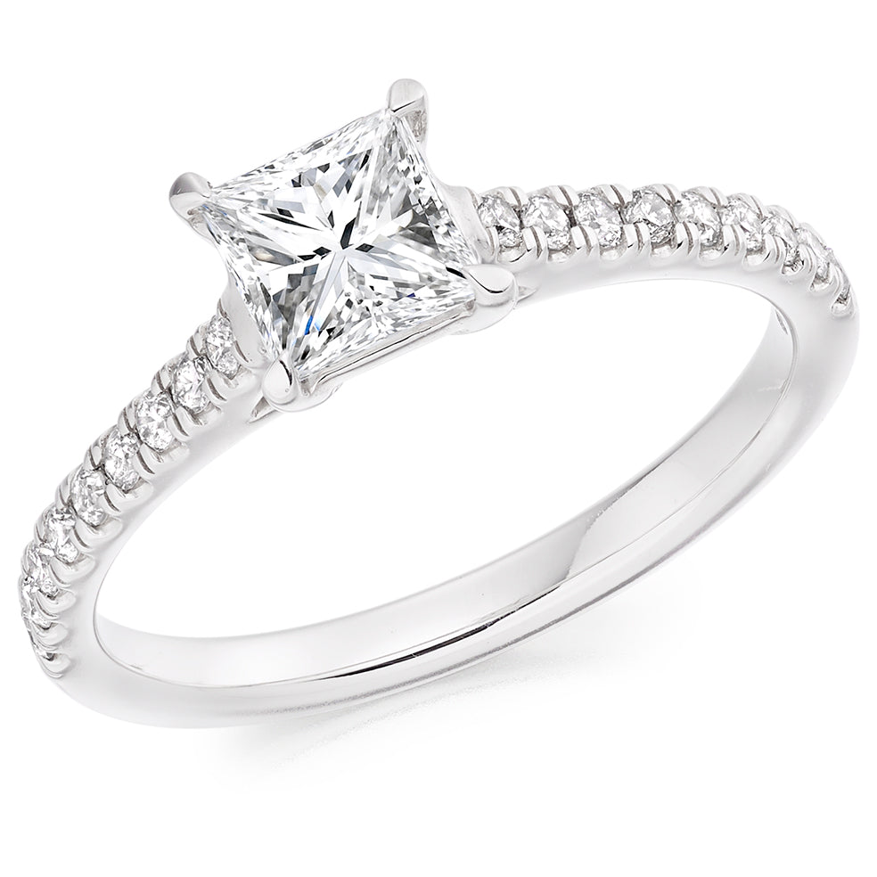 Solitaire with Diamond Set Shoulders Princess Cut Engagement Ring, 0.75ct