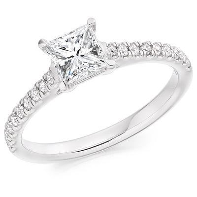 Solitaire with Diamond Set Shoulders Princess Cut Engagement Ring, 0.75ct