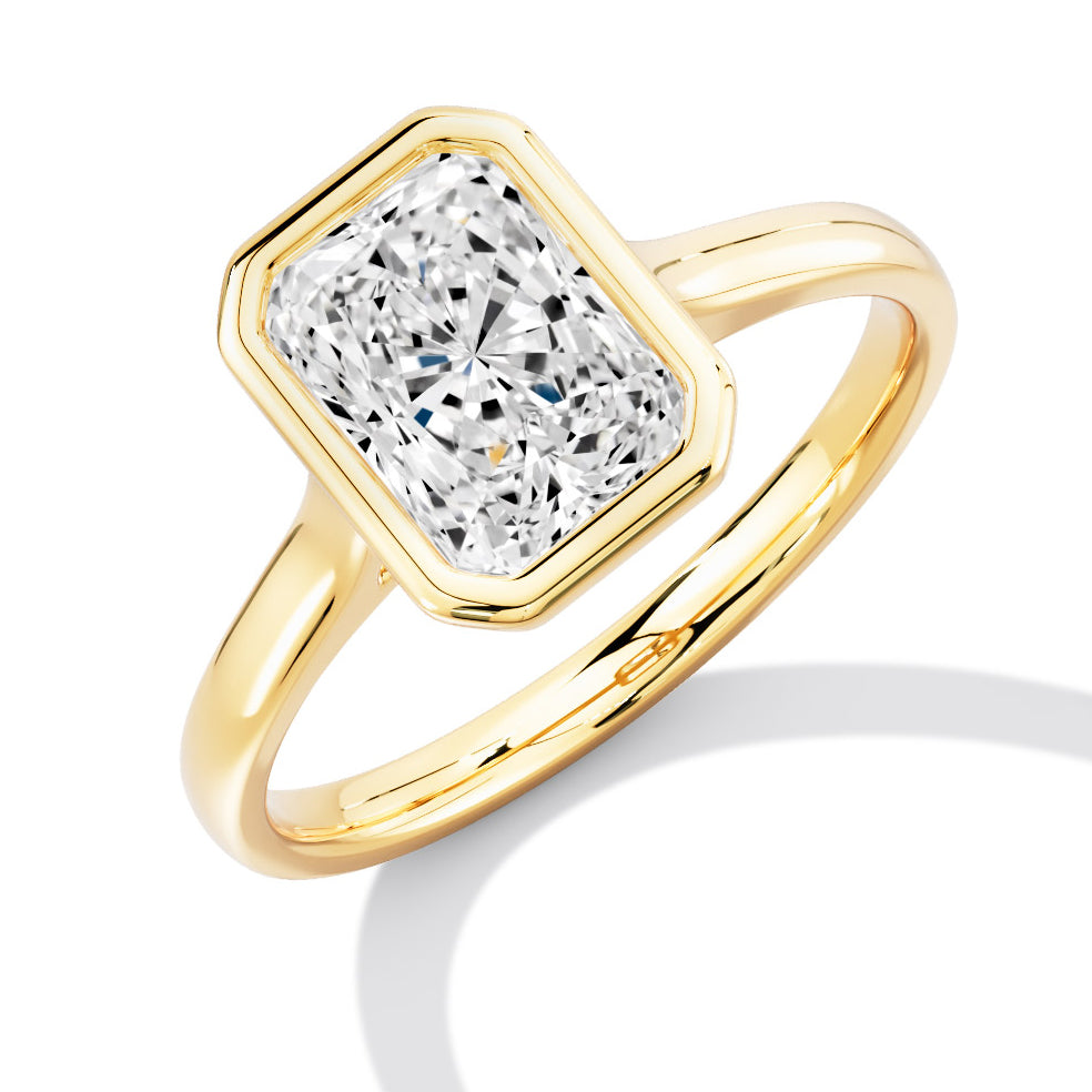 Bezel Set, Solitaire with Plain Shoulders Radiant Cut Engagement Ring, 1.50ct in Yellow Gold