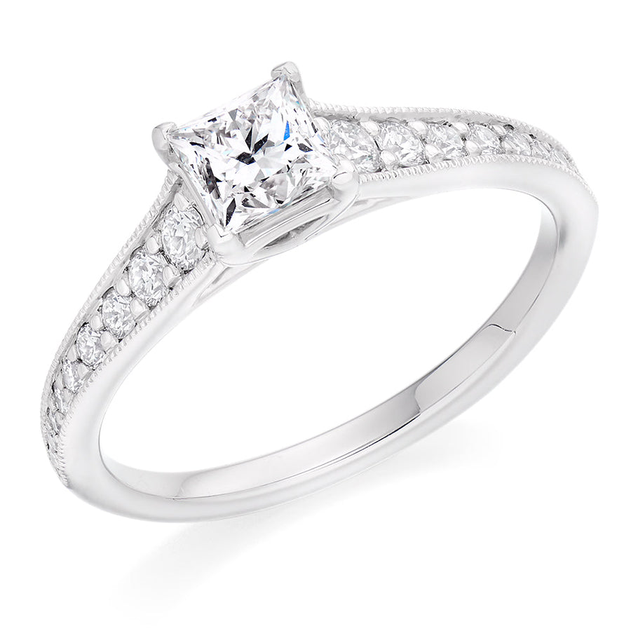 Pavé-Shouldered Solitaire Princess Cut Engagement Ring, 0.5ct