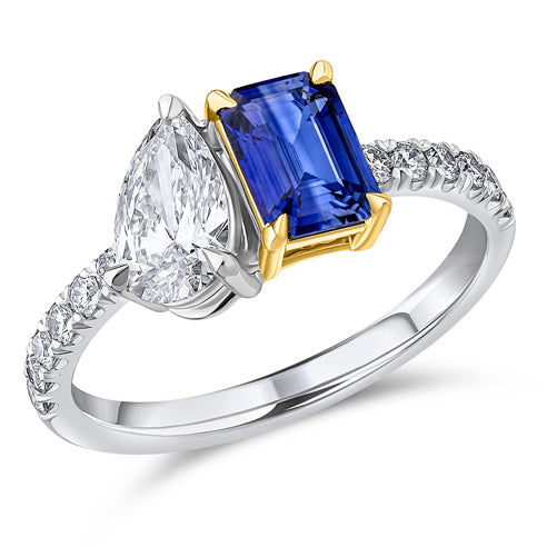 Toi et Moi Pear-Cut Sapphire & Diamond Ring with Oyster, 0.75ct
