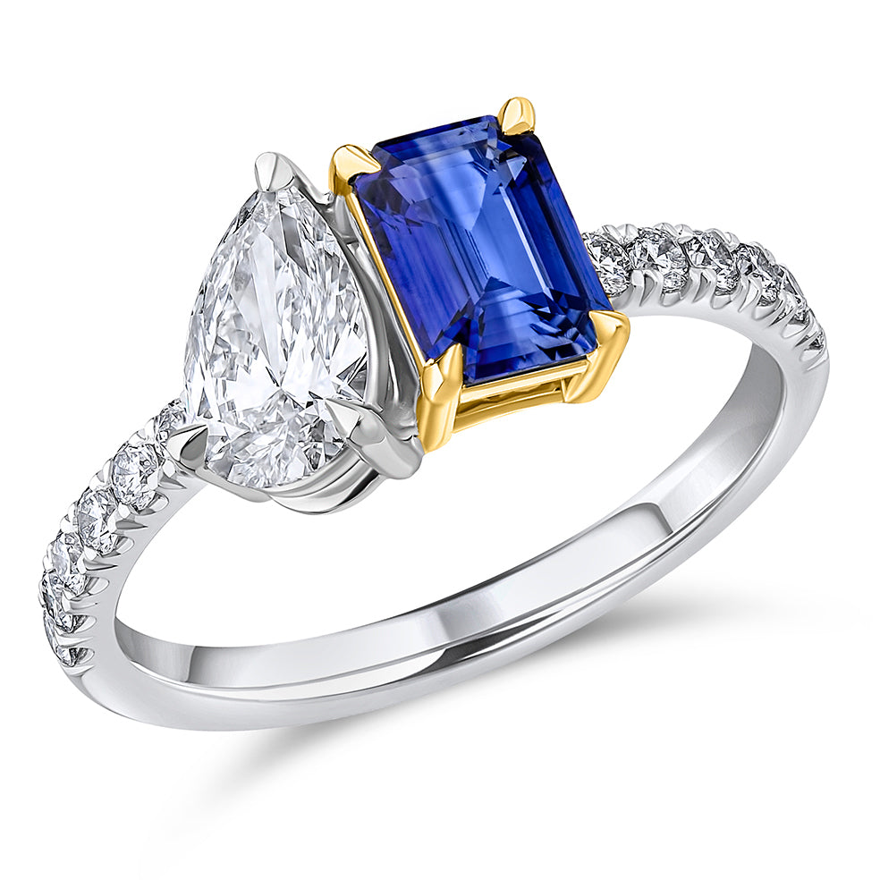 Toi et Moi Pear-Cut Sapphire & Diamond Ring with Oyster, 0.75ct