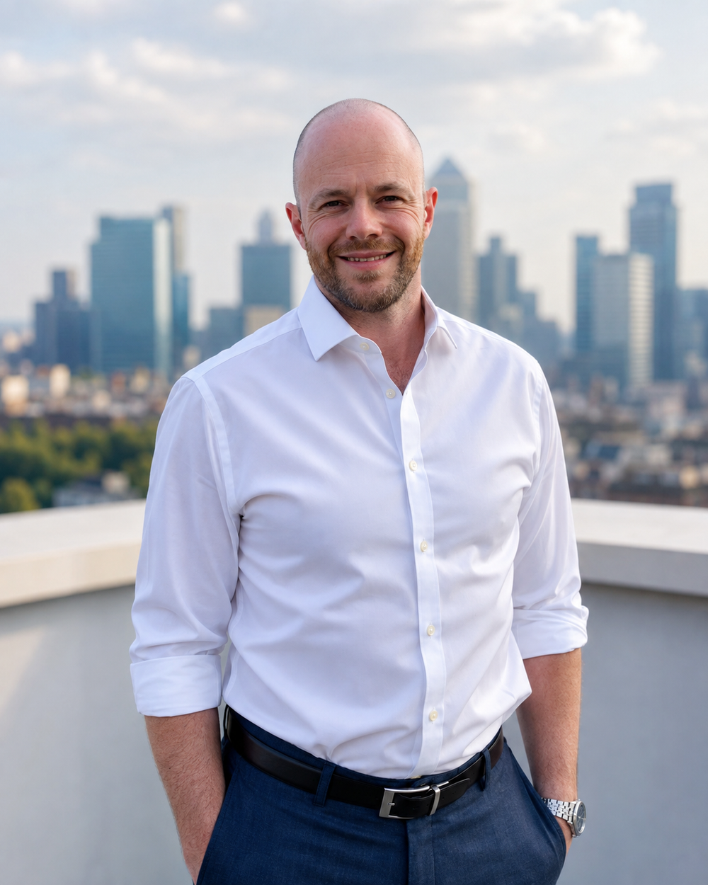 Edward Marno, founder of For Your Eternity, on a rooftop with the London skyline behind him