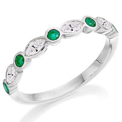 Emerald & Diamond Half Eternity Ring with Rubover, 0.3ct