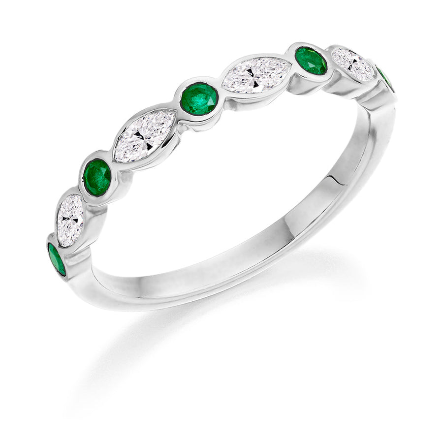 Emerald & Diamond Half Eternity Ring with Rubover, 0.3ct