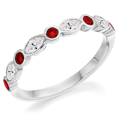 Ruby & Diamond Half Eternity Ring with Rubover, 0.3ct
