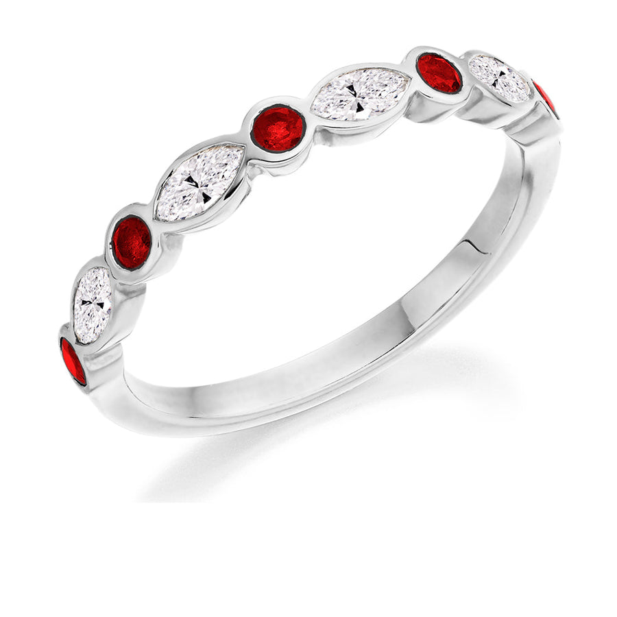 Ruby & Diamond Half Eternity Ring with Rubover, 0.3ct