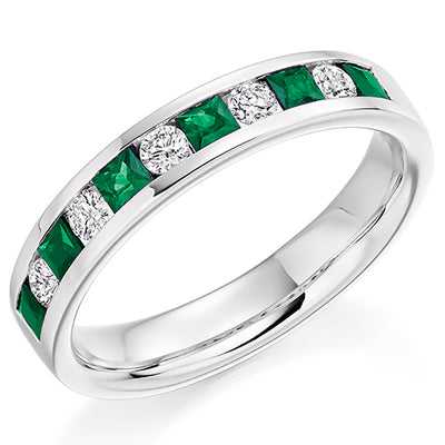 Emerald & Diamond Half Eternity Ring with Channel-Set, 0.25ct