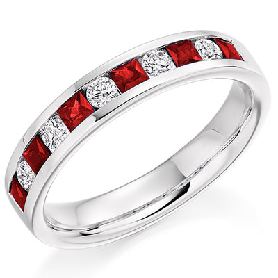 Ruby & Diamond Half Eternity Ring with Channel-Set, 0.25ct