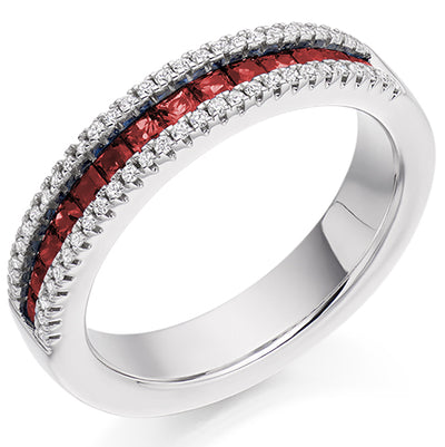 Ruby & Diamond Half Eternity Ring with Channel-Set, 0.16ct