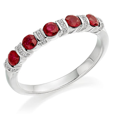 Ruby & Diamond Half Eternity Ring with Grain-Set, 0.06ct
