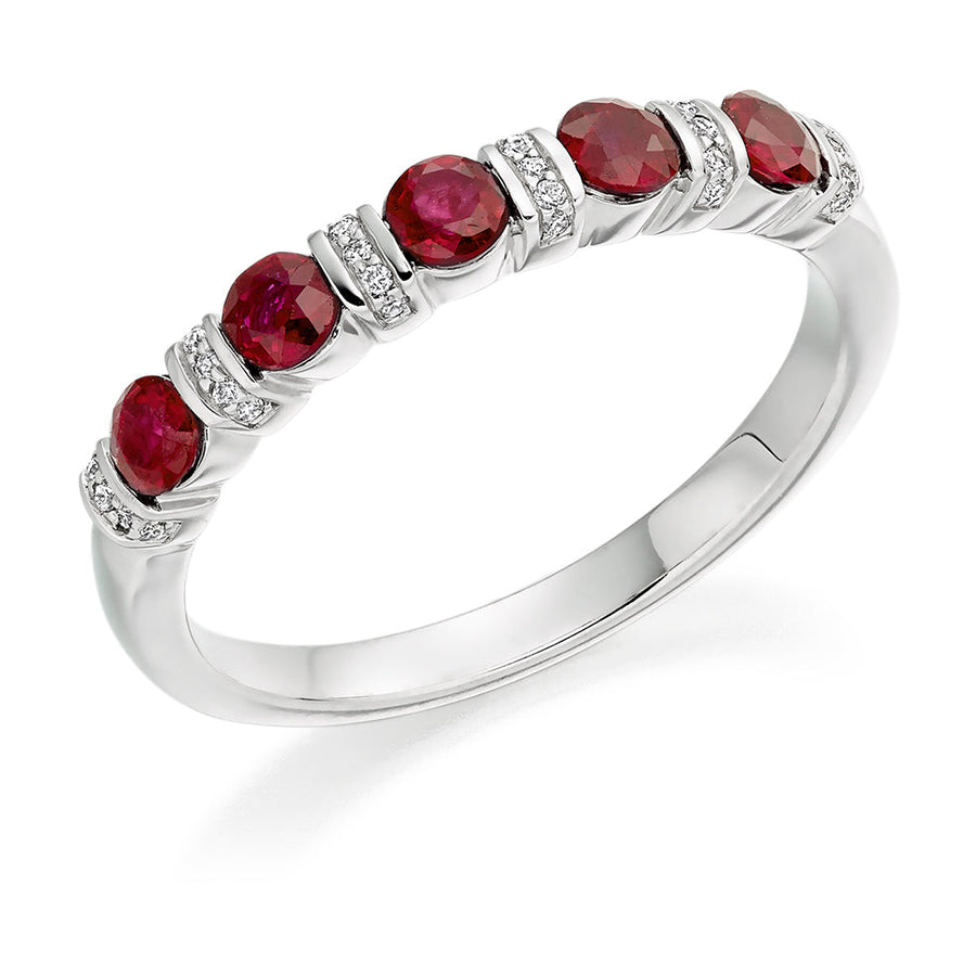 Ruby & Diamond Half Eternity Ring with Grain-Set, 0.06ct