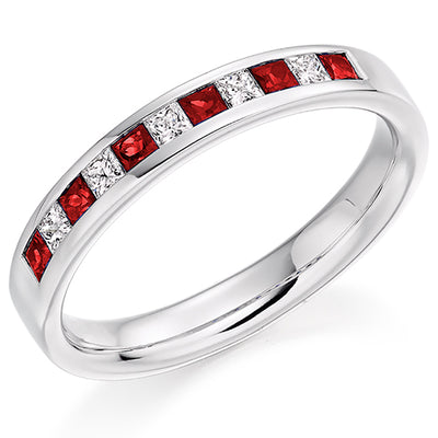 Ruby & Diamond Half Eternity Ring with Channel-Set, 0.2ct