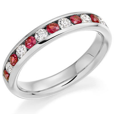 Ruby & Diamond Half Eternity Ring with Channel-Set, 0.33ct
