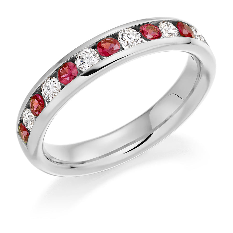 Ruby & Diamond Half Eternity Ring with Channel-Set, 0.33ct