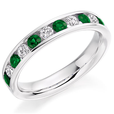 Emerald & Diamond Half Eternity Ring with Channel-Set, 0.36ct