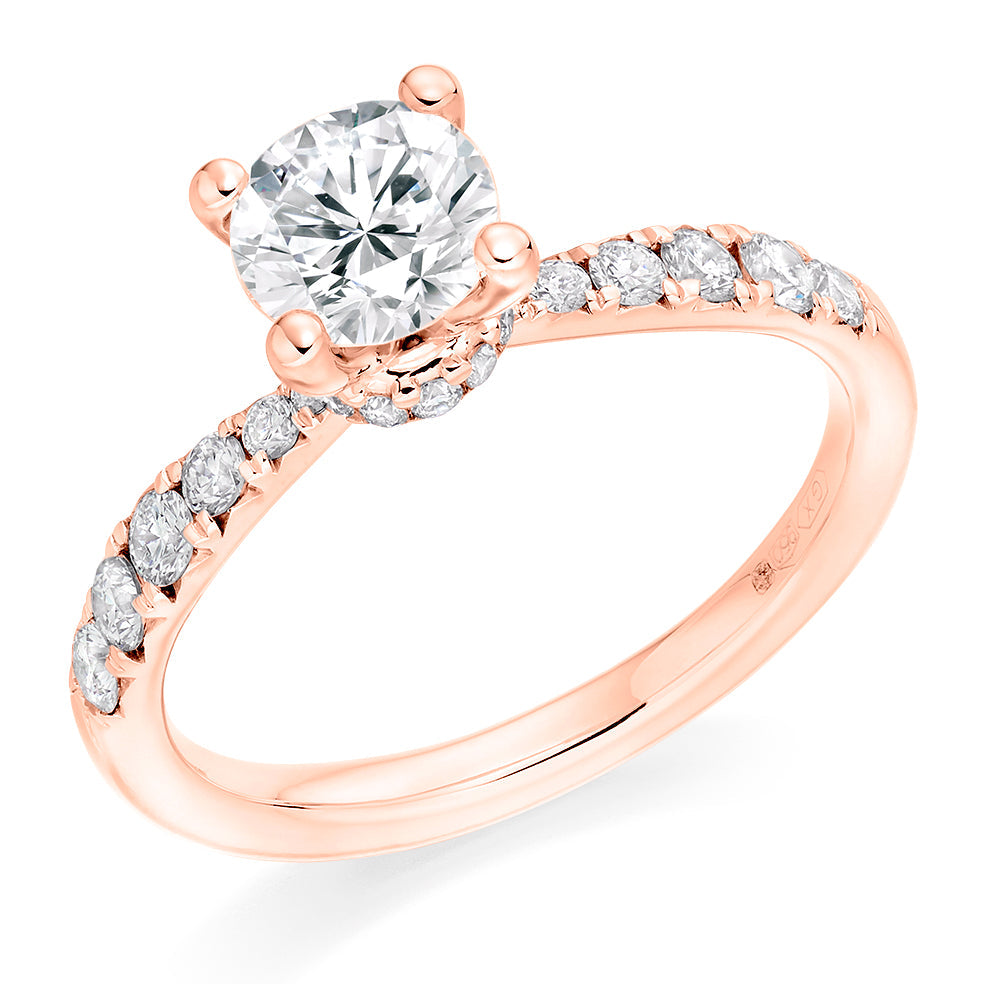 Accent-Shouldered Solitaire Round Brilliant Engagement Ring, 0.9ct in Rose Gold