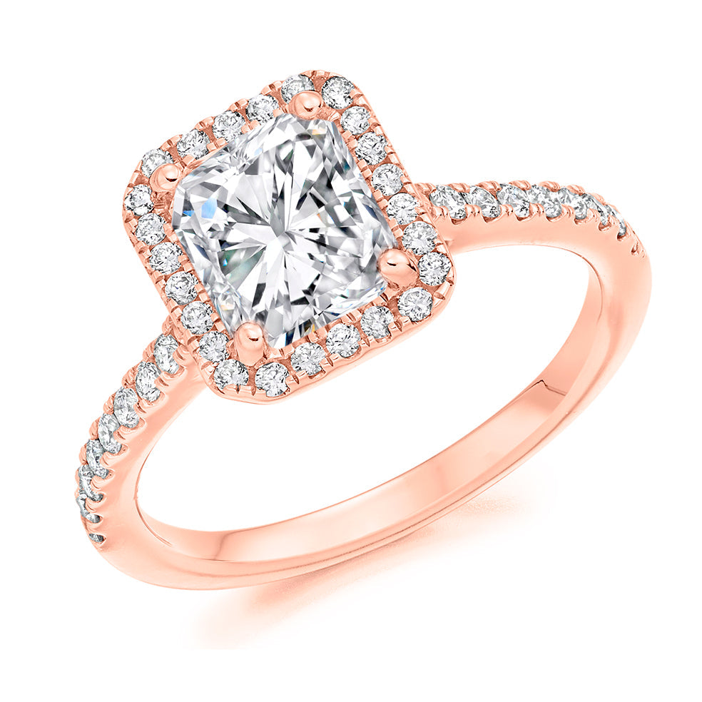 Pavé-Shoulder Halo Radiant-Cut Engagement Ring, 1.0ct in Rose Gold