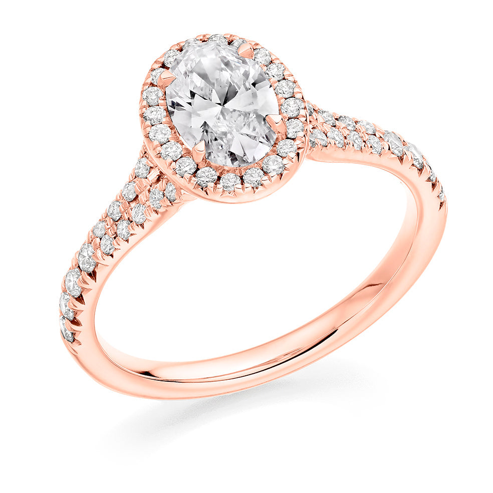 Halo with Split Shoulders Oval Cut Engagement Ring in Rose Gold