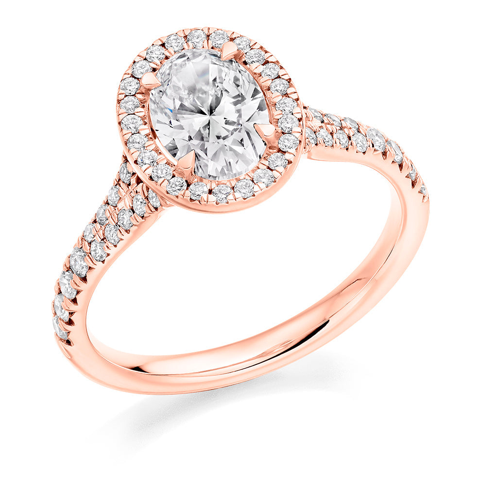 Split-Shoulder Halo Oval Cut Engagement Ring in Rose Gold