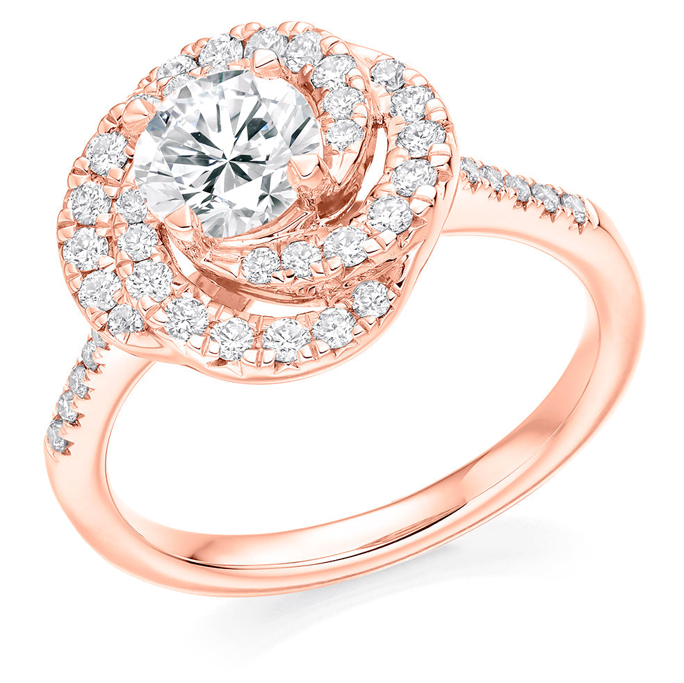 Diamond-Shouldered Halo Round Brilliant Engagement Ring, 0.9ct in Rose Gold