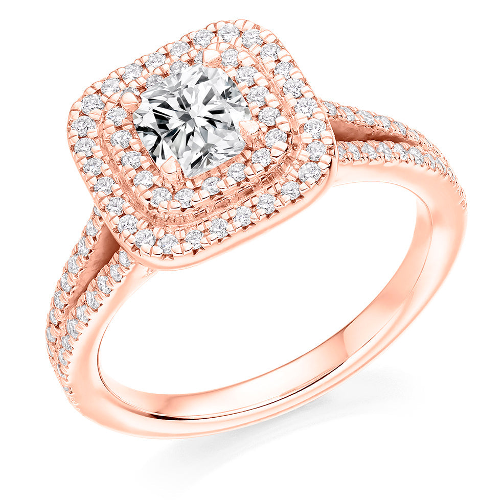Split-Shoulder Halo Cushion Cut Engagement Ring in Rose Gold