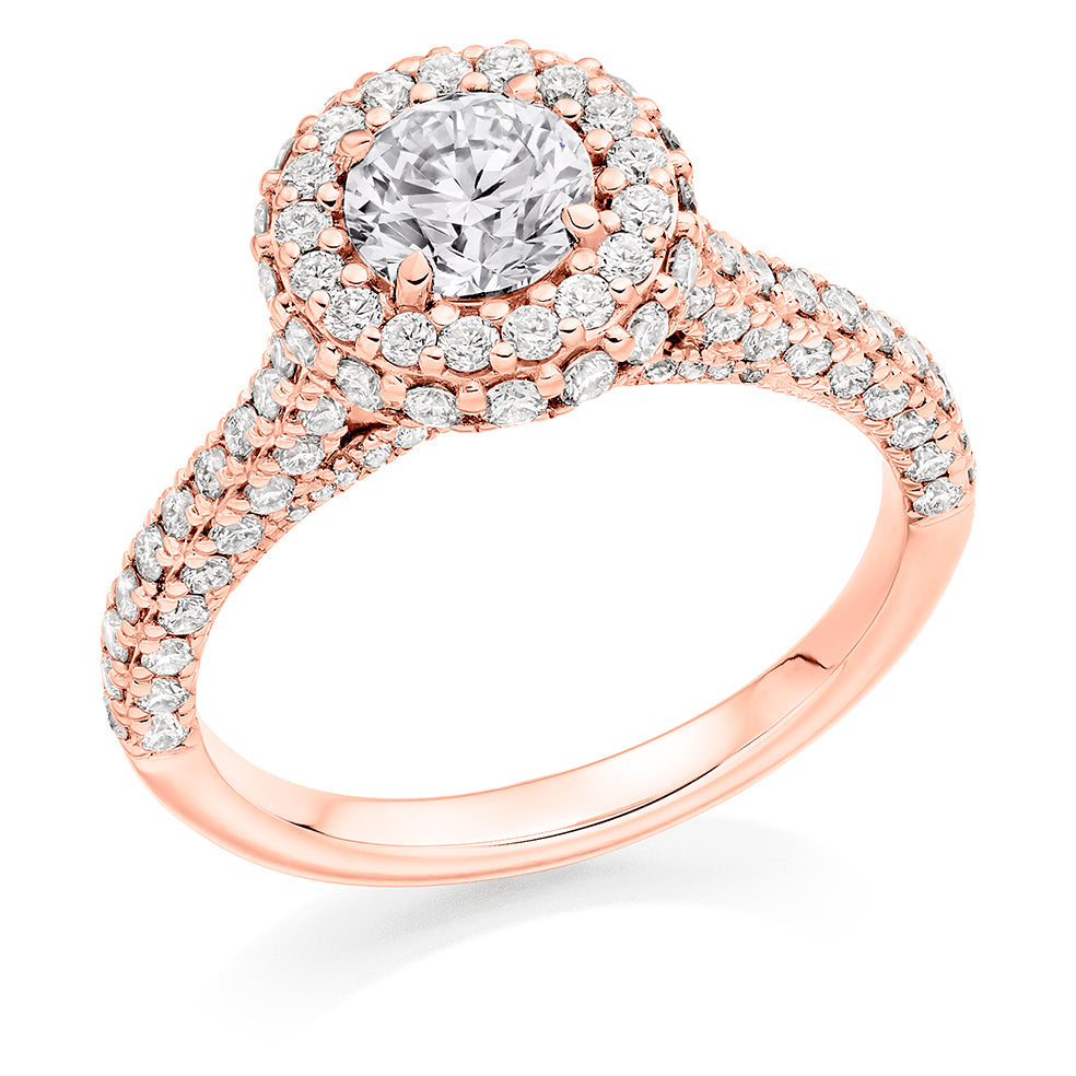 Diamond-Shouldered Halo Round Brilliant Engagement Ring 1.95ct in Rose Gold