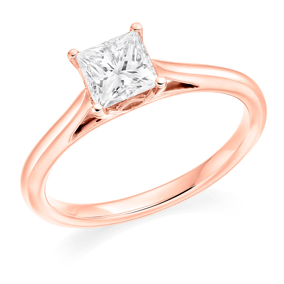 Clean-Band Solitaire Princess Cut Engagement Ring, 0.75ct in Rose Gold