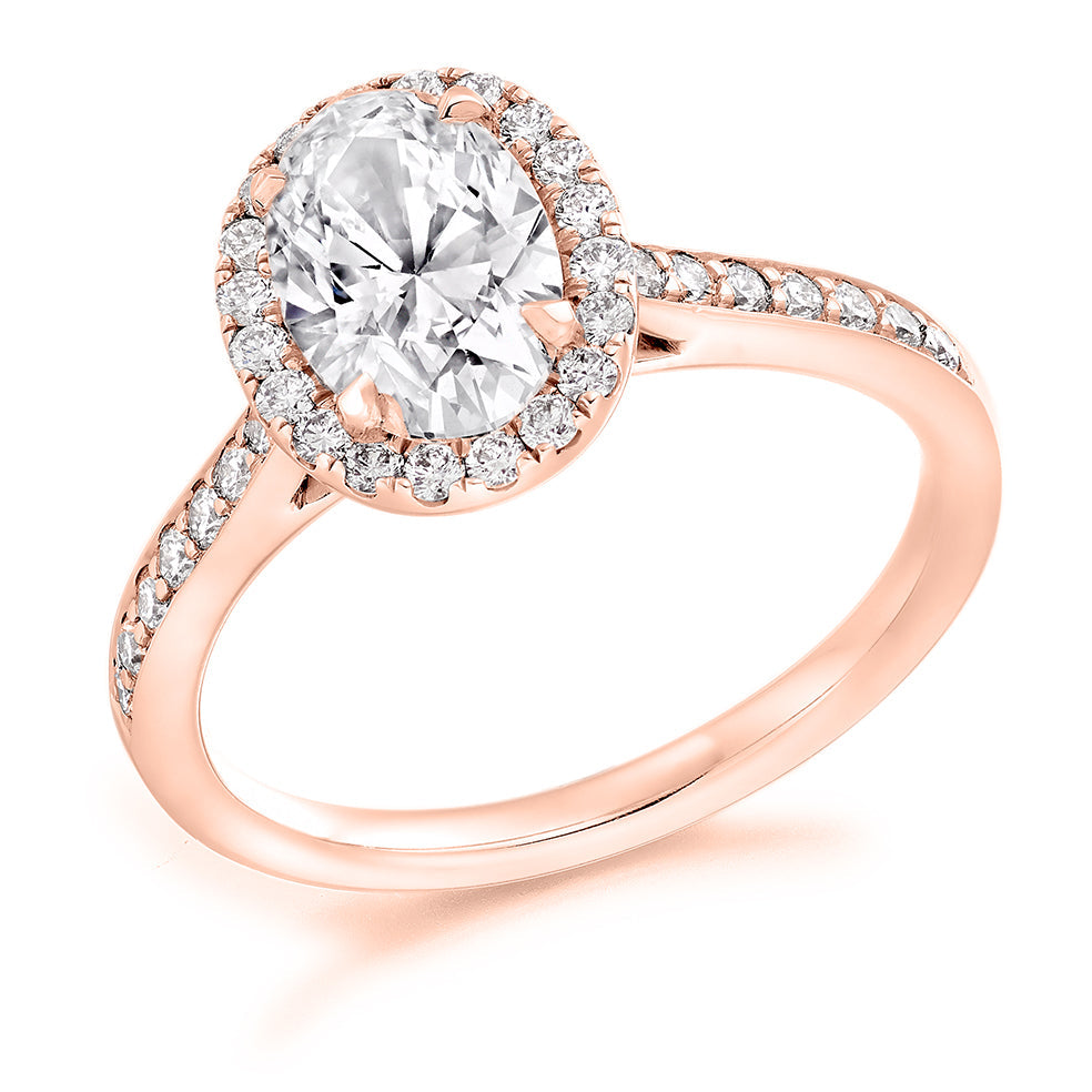 Grain-Set Halo Oval Cut Engagement Ring in Rose Gold