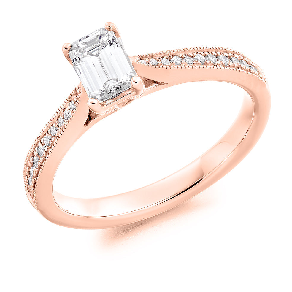 Fine Pavé Solitaire Emerald Cut Engagement Ring, 0.4ct in Rose Gold