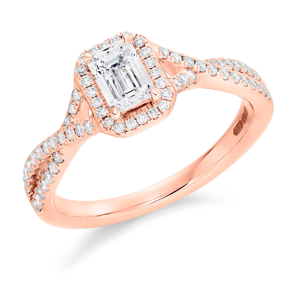 Curved-Shoulder Halo Emerald Cut Engagement Ring in Rose Gold