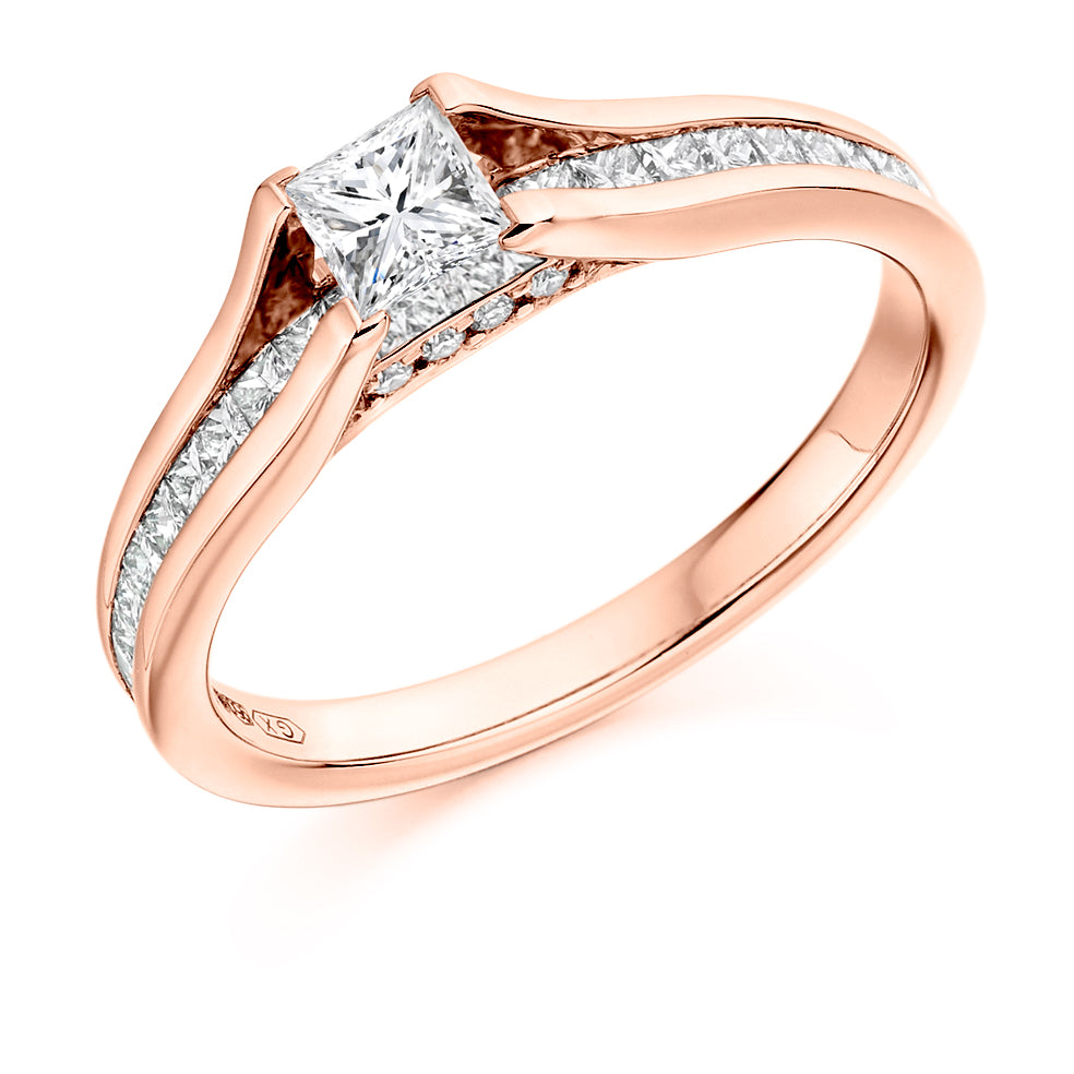 Channel-Shouldered Solitaire Princess Cut Engagement Ring 0.83ct in Rose Gold