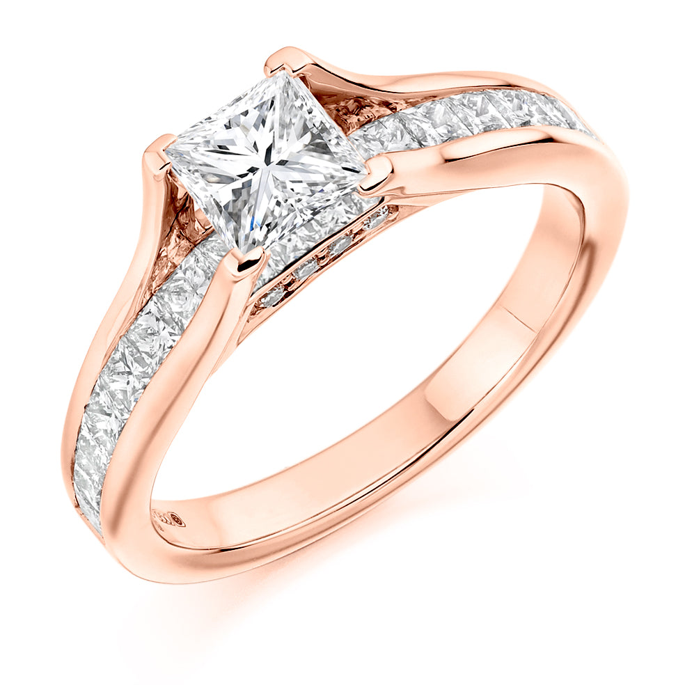 Channel-Shouldered Solitaire Princess Cut Engagement Ring 0.75ct total in Rose Gold