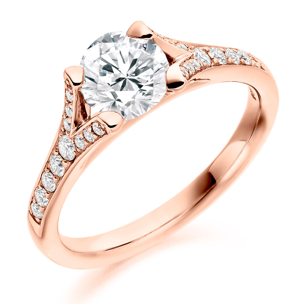 Solitaire with Split Shoulders Round Brilliant Engagement Ring, 0.9ct in Rose Gold