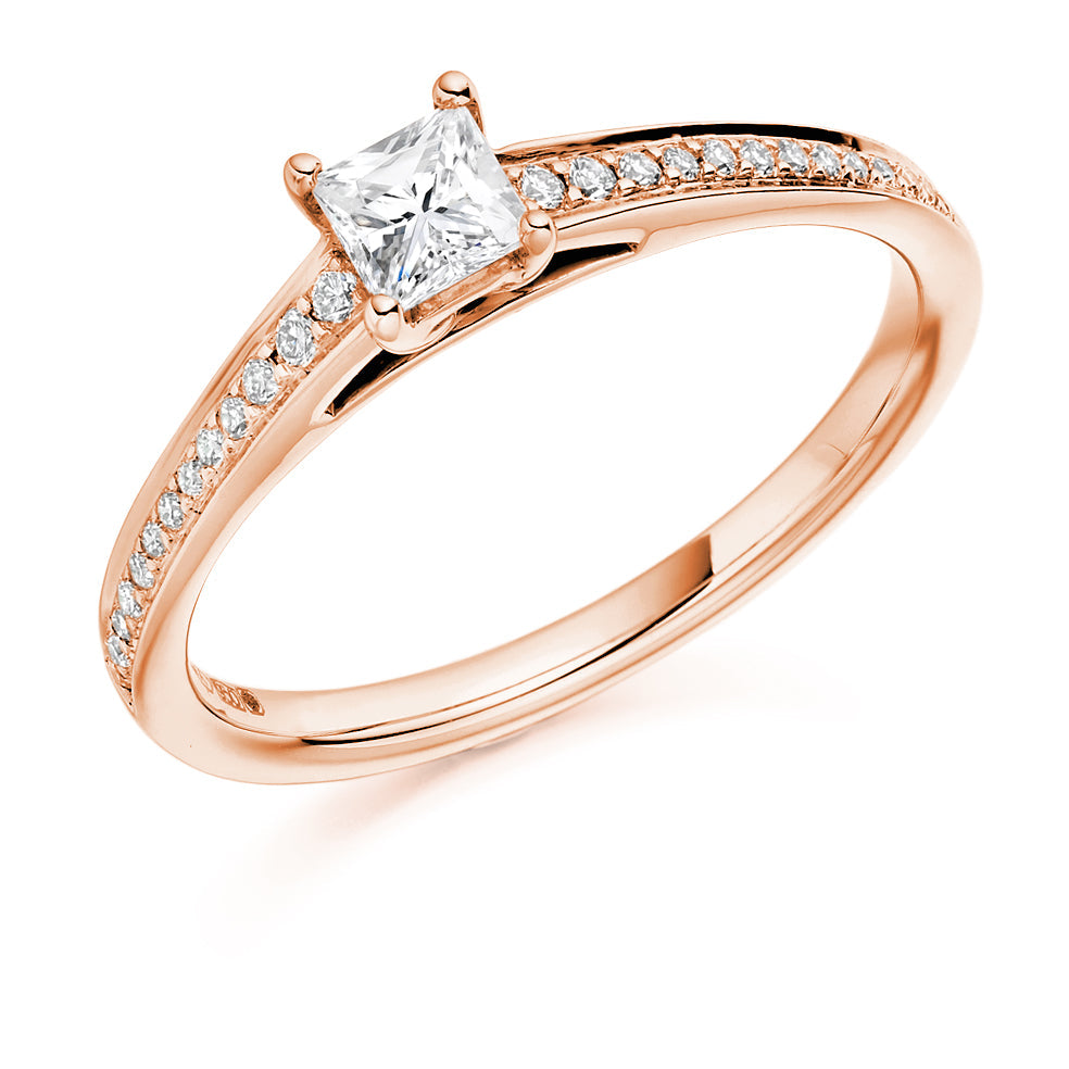 Pavé-Shouldered Solitaire Princess Cut Engagement Ring 0.48ct in Rose Gold