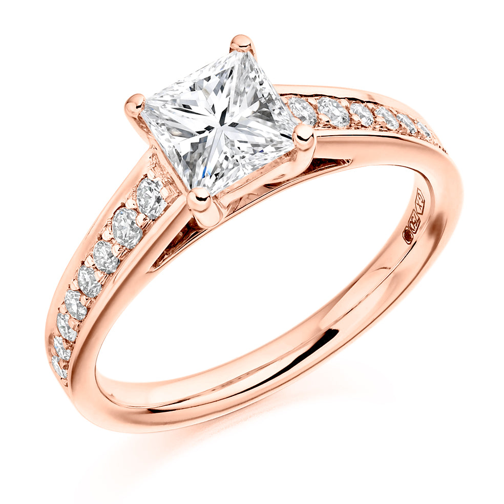 Fine Pavé Solitaire Princess Cut Engagement Ring, 1.0ct in Rose Gold