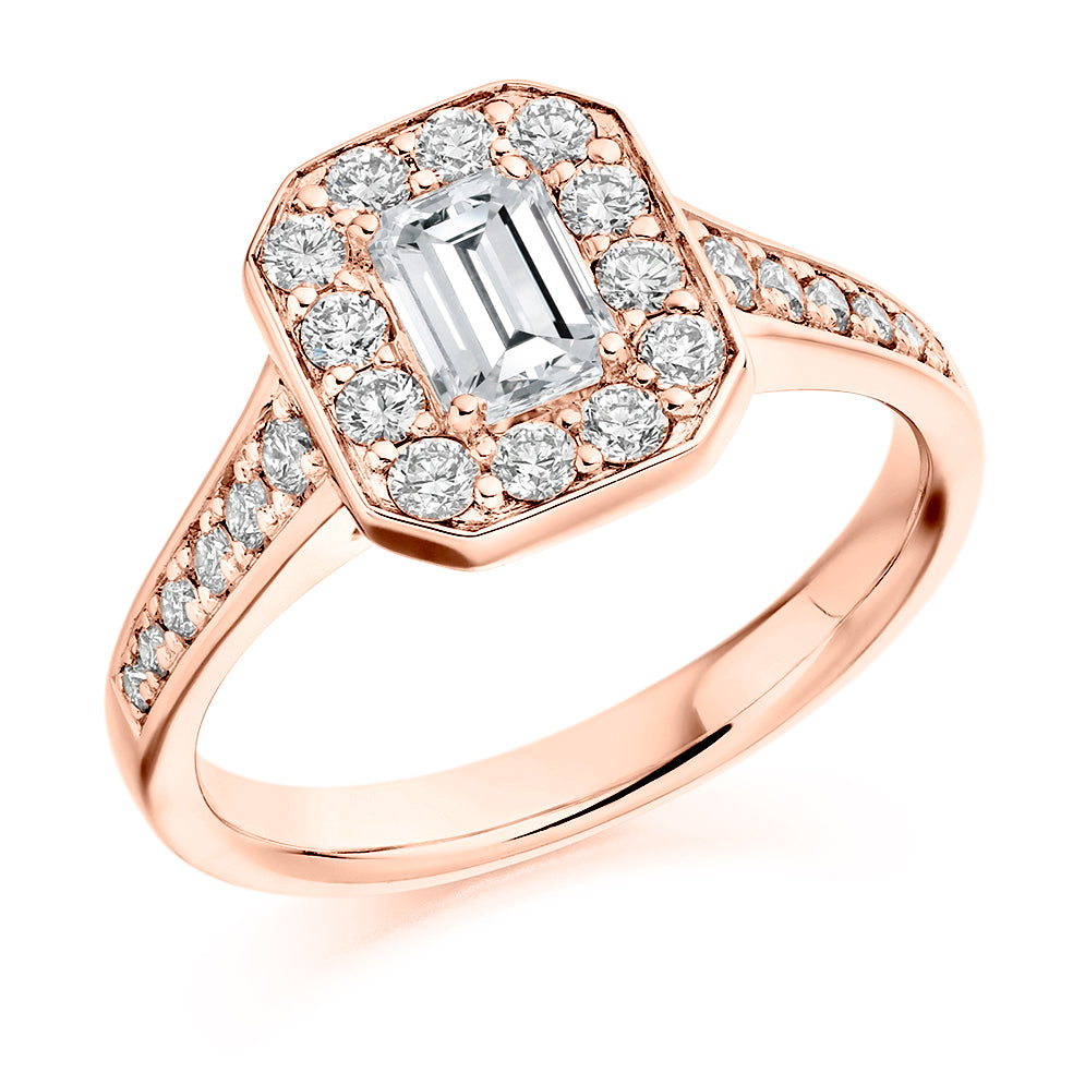 Pavé-Shoulder Halo Emerald-Cut Engagement Ring, 0.75ct (ENG3349 SMT) in Rose Gold