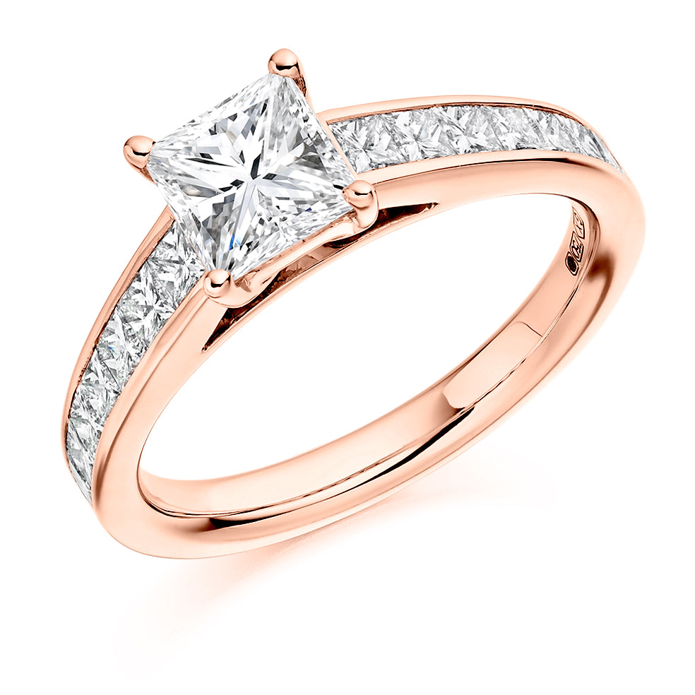 Channel-Shouldered Solitaire Princess Cut Engagement Ring 1.75ct in Rose Gold