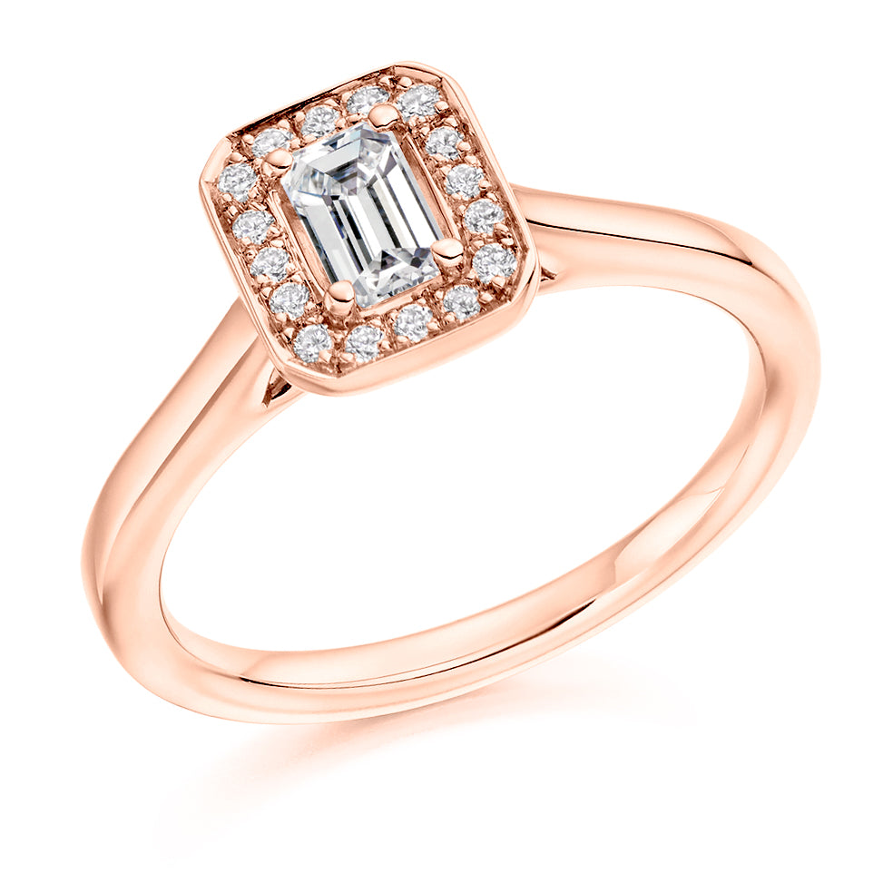 Halo with Plain Shoulders Emerald Cut Engagement Ring in Rose Gold