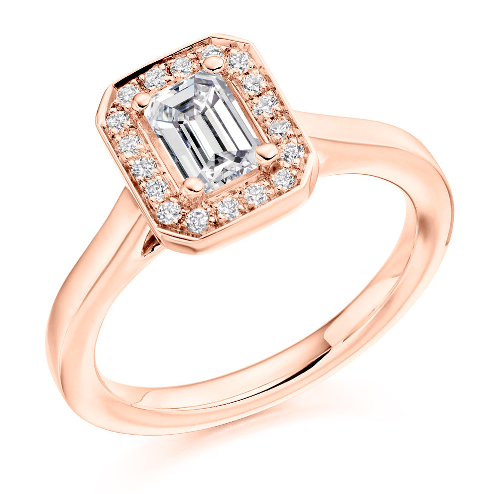 Halo Solitaire Emerald Cut Engagement Ring in Rose Gold