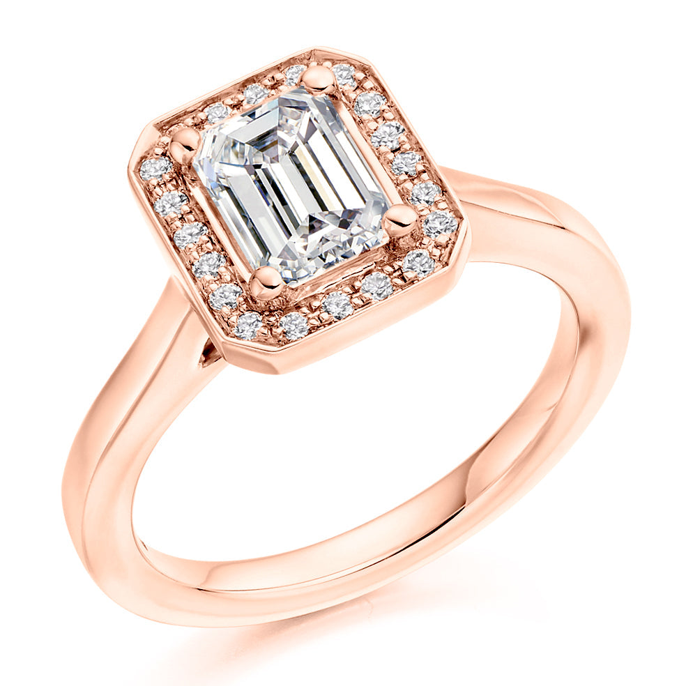 Plain-Band Halo Emerald Cut Engagement Ring in Rose Gold