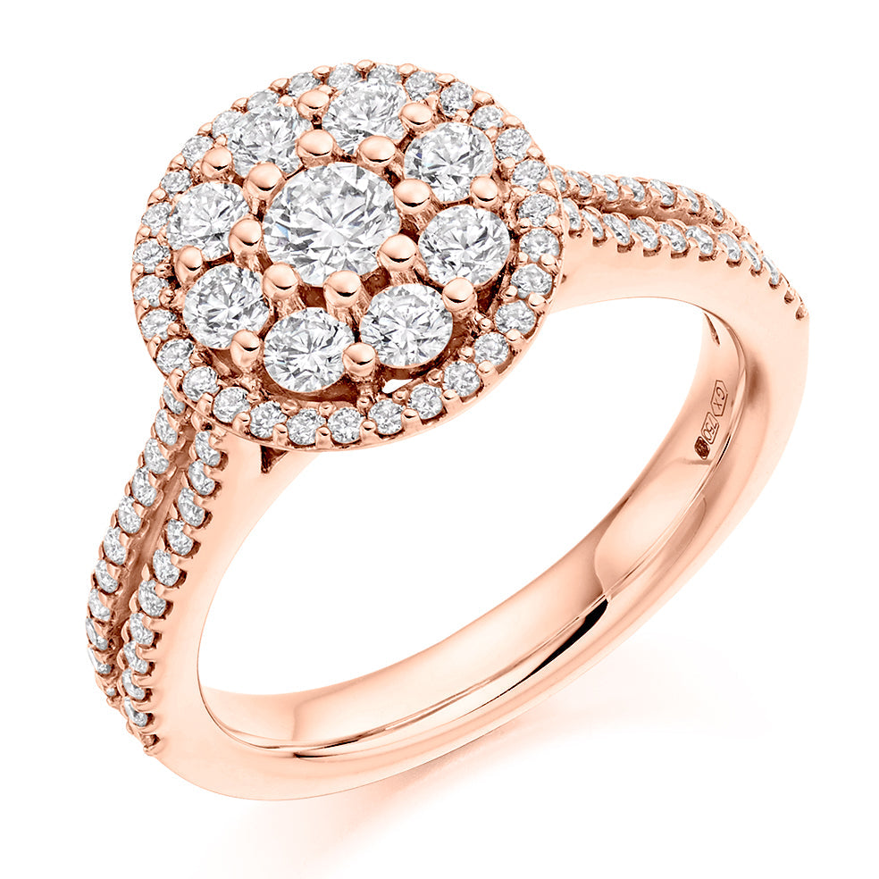 Split-Shoulder Invisible-Set Halo Round-Brilliant Engagement Ring in Rose Gold