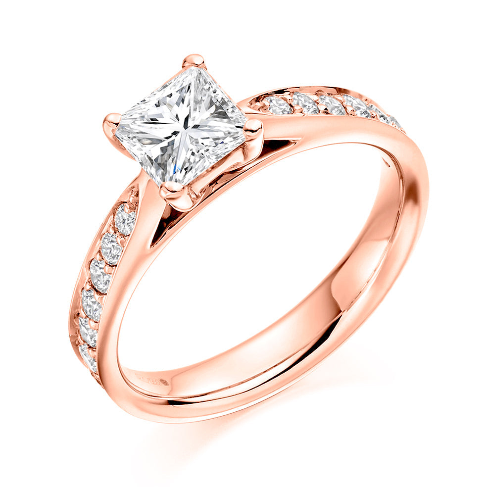 Pavé-Shouldered Solitaire Princess Cut Engagement Ring 0.75ct in Rose Gold