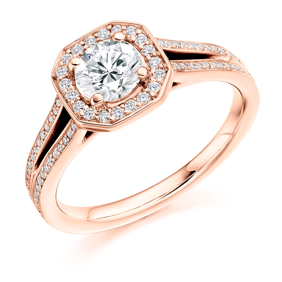 Split-Shoulder Halo Round Brilliant Engagement Ring 1.15ct in Rose Gold