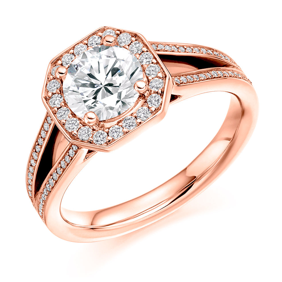 Curved-Shoulder Halo Round Brilliant Engagement Ring 1.3ct in Rose Gold