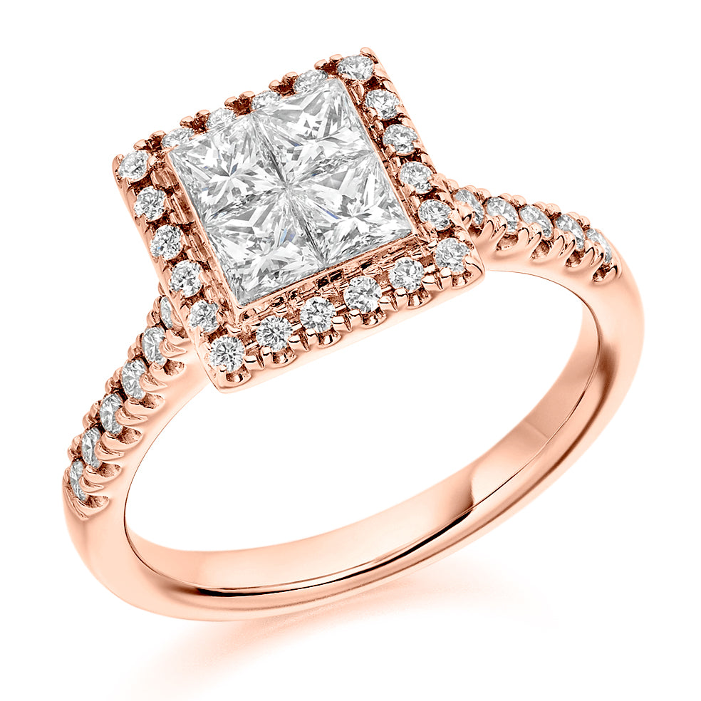 Invisible-Set Halo Princess-Cut Engagement Ring, 0.85ct in Rose Gold