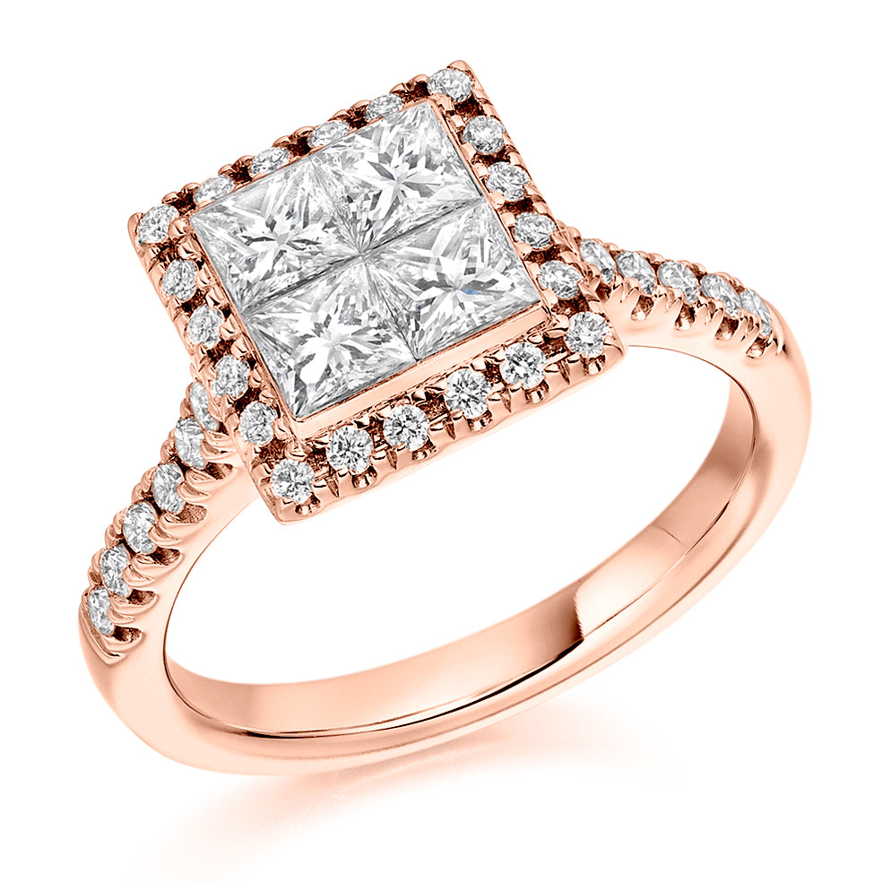 Invisible-Set Halo Princess-Cut Engagement Ring, 1.0ct in Rose Gold