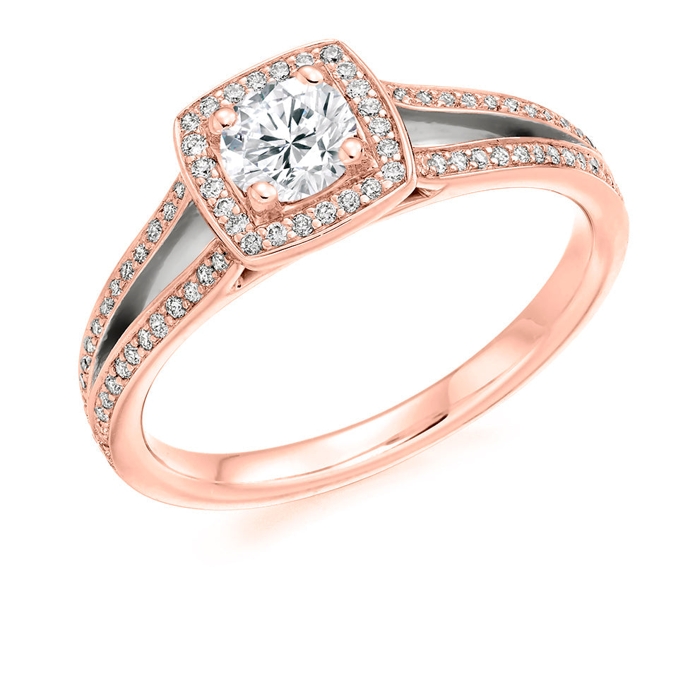 Halo with Split Shoulders Round Brilliant Engagement Ring, 0.33ct in Rose Gold