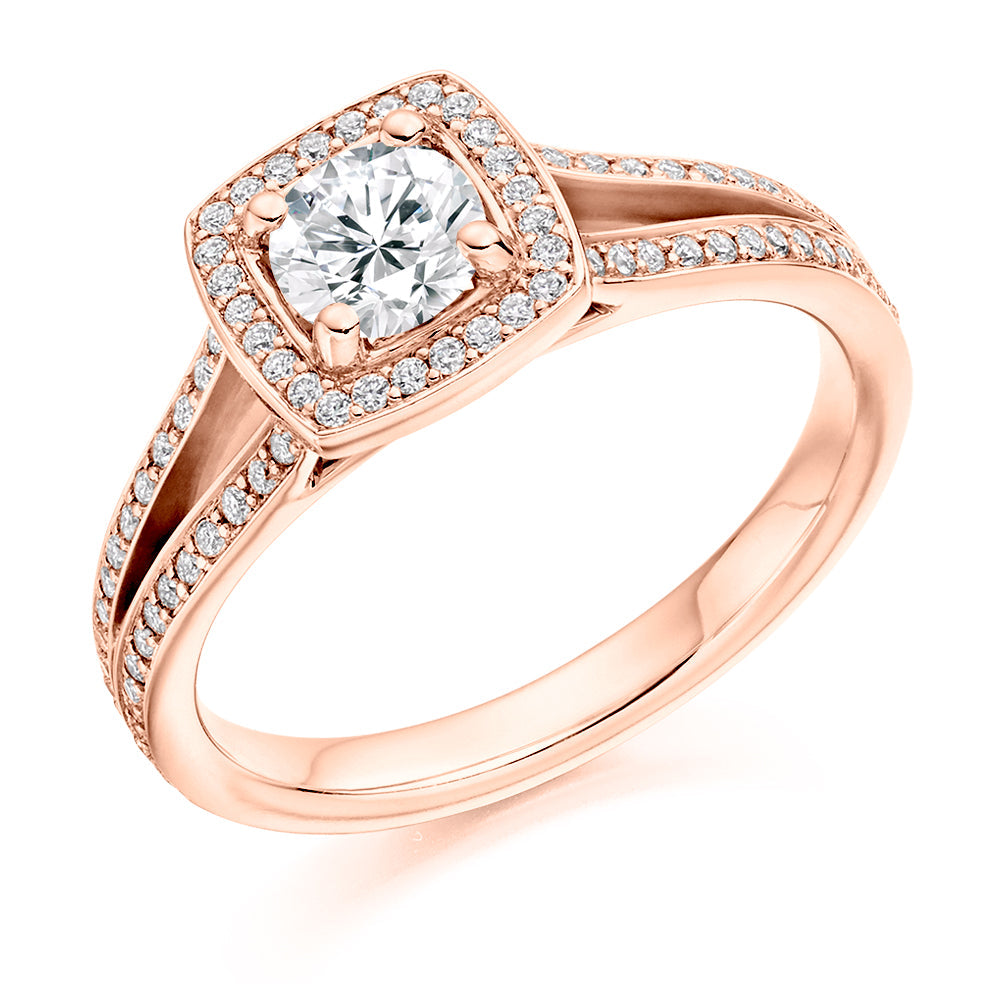 Halo with Split Shoulders Round Brilliant Engagement Ring, 0.5ct in Rose Gold