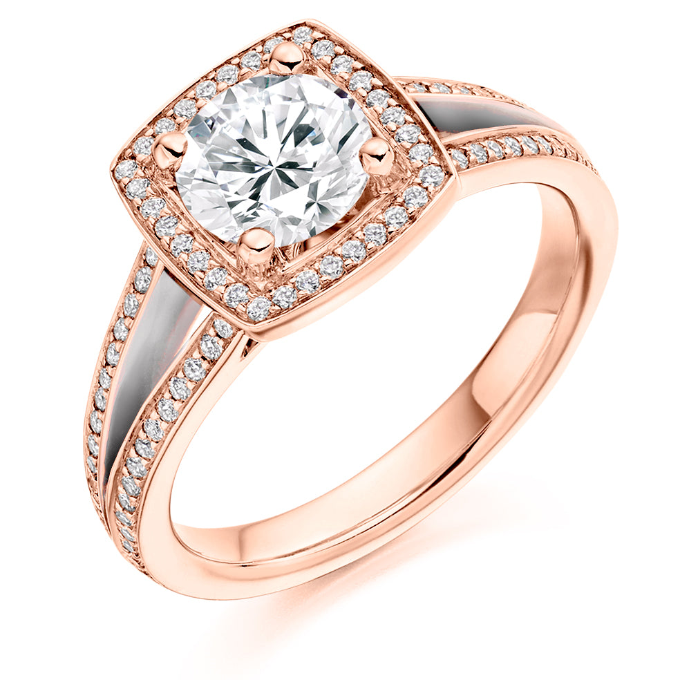 Split-Shoulder Halo Round Brilliant Engagement Ring 1.2ct in Rose Gold